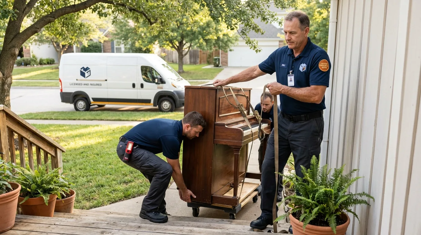 Licensed piano movers securing grand piano in Dothan, AL