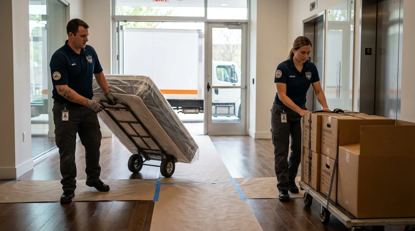 Professional apartment movers loading elevator in Dothan, AL